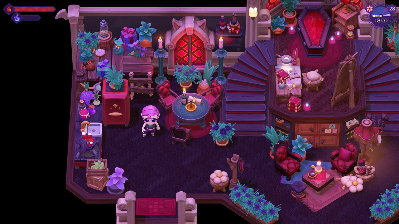 A richly decorated gothic cottage interior in Moonlight Peaks, with furniture, plants, candles and a coffin.