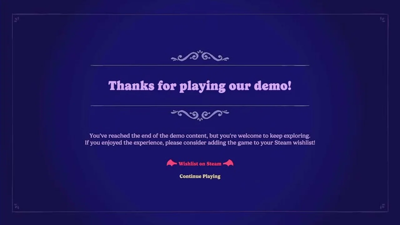 The Moonlight Peaks demo end screen reading 'Thanks for playing our demo!' with a Steam wishlist prompt.