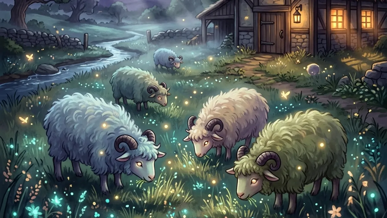 Fluffy moonlit fantasy lambs with tiny horns grazing in a glowing night pasture beside a barn.