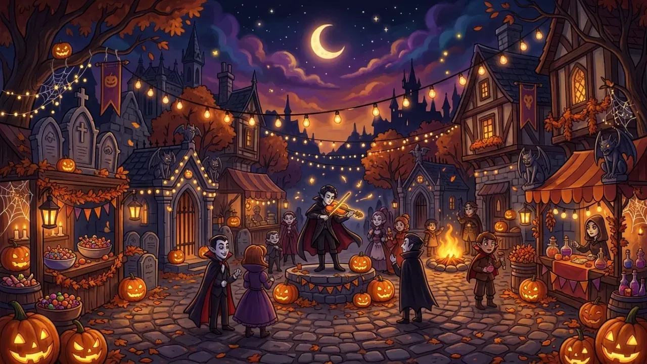 A night-time autumn festival in the town square of Moonlight Peaks — glowing jack-o'-lanterns, gravestone decorations, candy bowls and warm string lights.