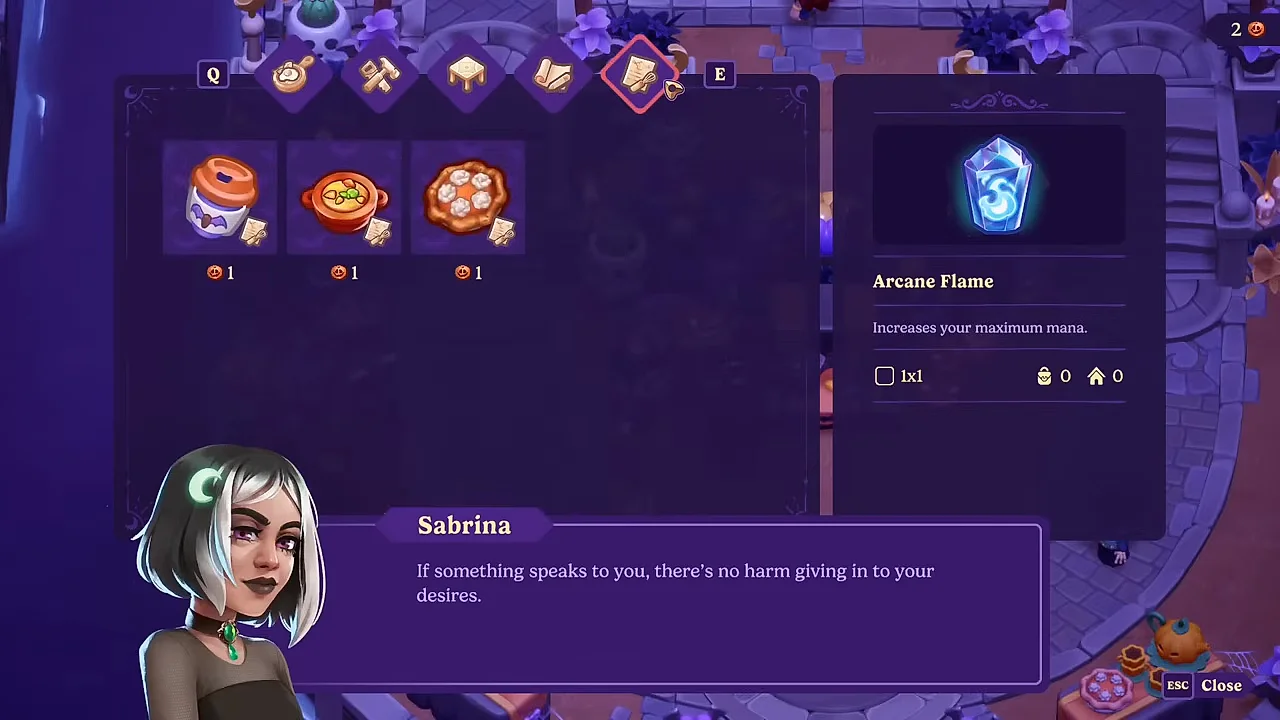 Sabrina's Evernight Shop menu, showing pumpkin foods for 1 Evernight Coin each and the Arcane Flame tool that increases maximum mana.
