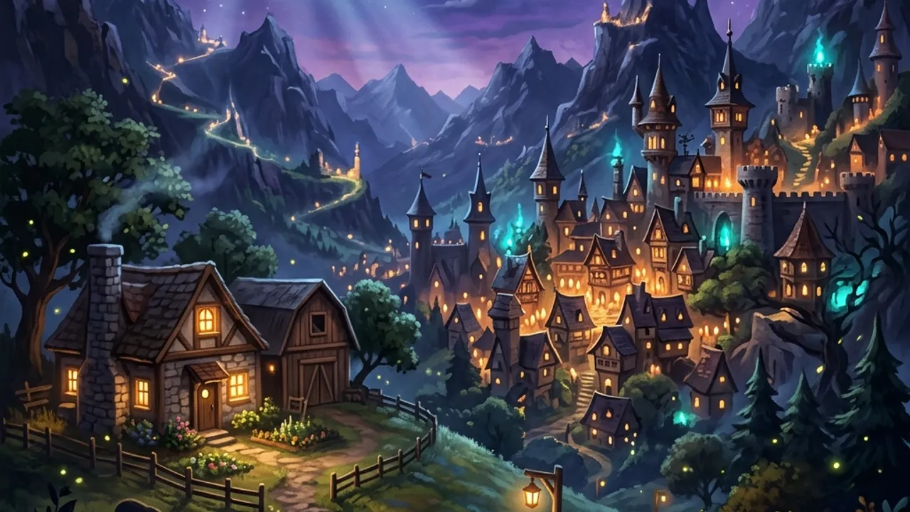 A moonlit supernatural village nestled in the peaks, seen from a hilltop farm under a crescent moon.