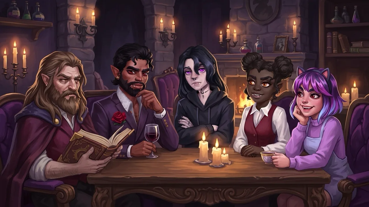The five Ambrosia vampires of Moonlight Peaks gathered by candlelight in Coffee & Coffins — Orlock, Samael, Evan, Elvira and Mina.