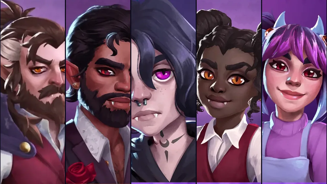 Official character portraits of the five Ambrosia members side by side — Orlock, Samael, Evan, Elvira and Mina.