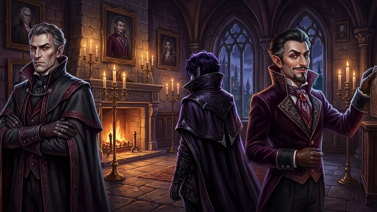 The player's Dracula line in the castle hall beneath the family portraits — Count Dracula, the player's hooded vampire seen from behind, and Viktor.