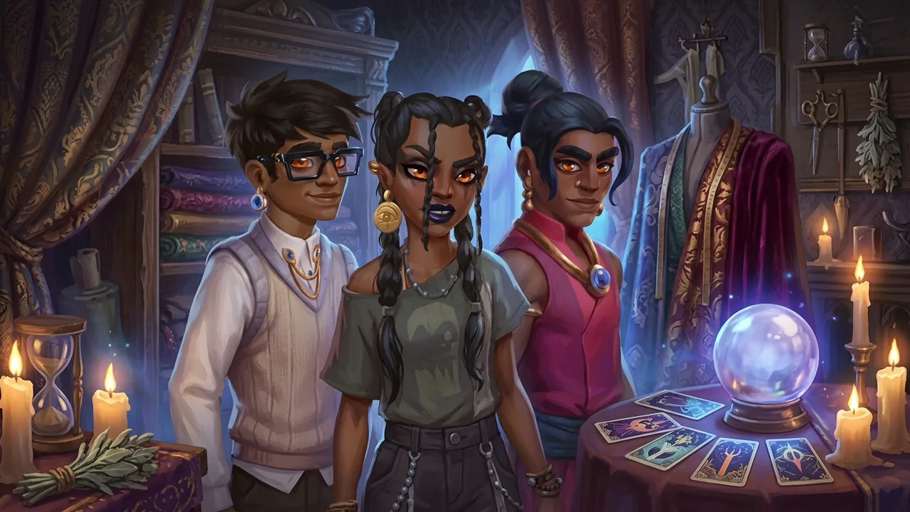 The three Khazan seers of Moonlight Peaks in the tailor's shop with a crystal ball and Nokturna cards — Aras, Alina and Dragan.