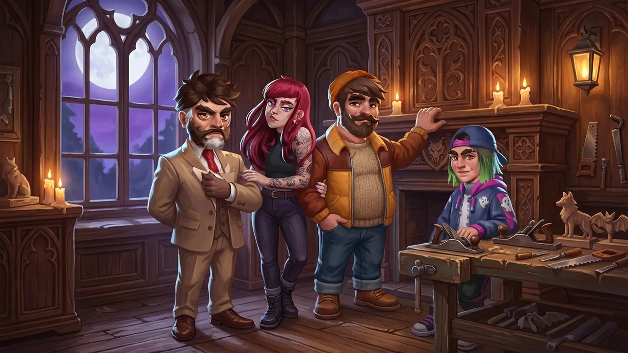 The four Logan werewolves of Moonlight Peaks in the carpentry workshop under a full moon — Brook, Saga, Ridge and Ludo.