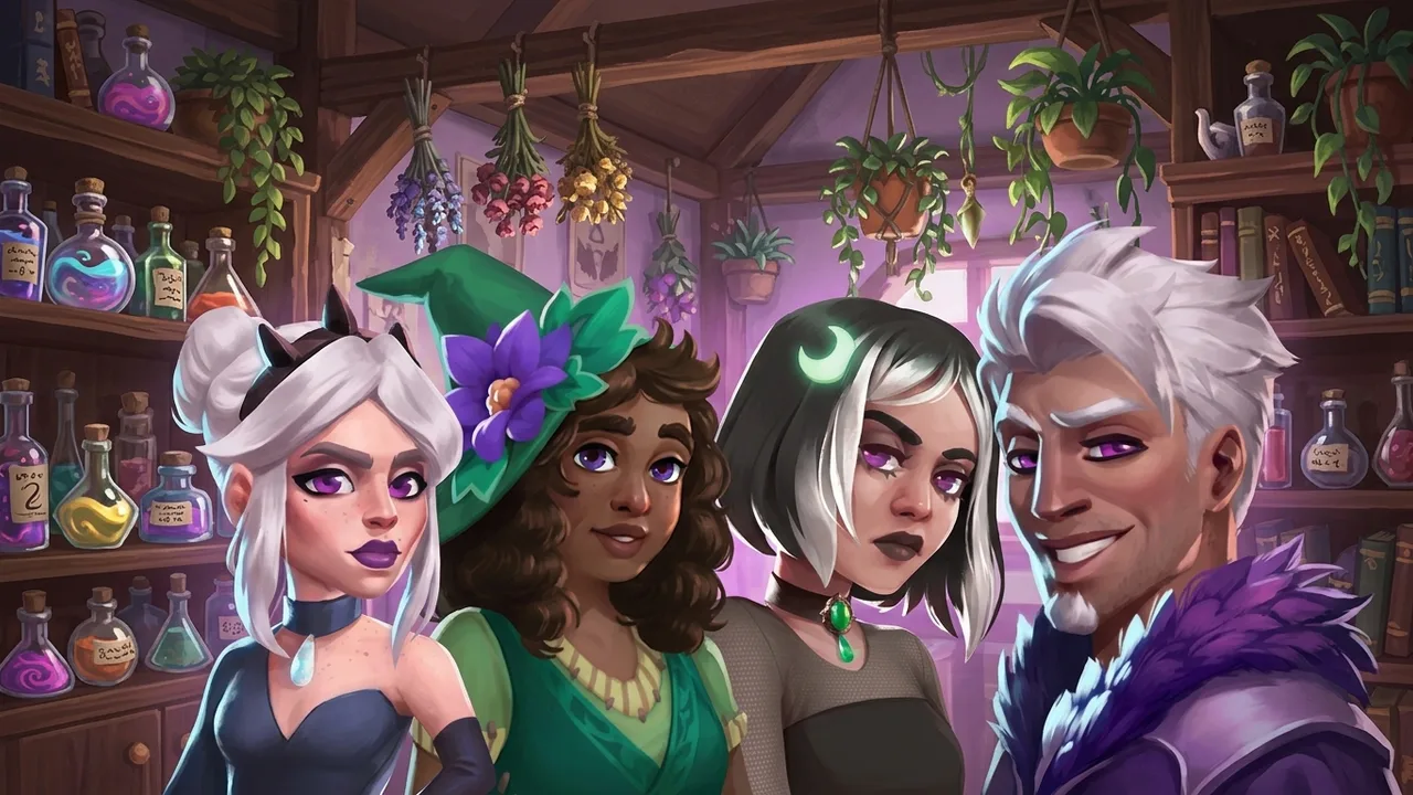 The four Webb witches of Moonlight Peaks among potions and hanging herbs — Fiona, Luna, Sabrina and Noel.