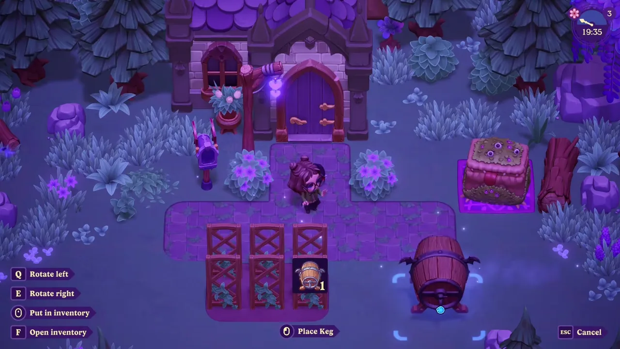 Placing a bat-winged wooden keg outside the farmhouse at night in Moonlight Peaks, with rotate and placement controls on screen.