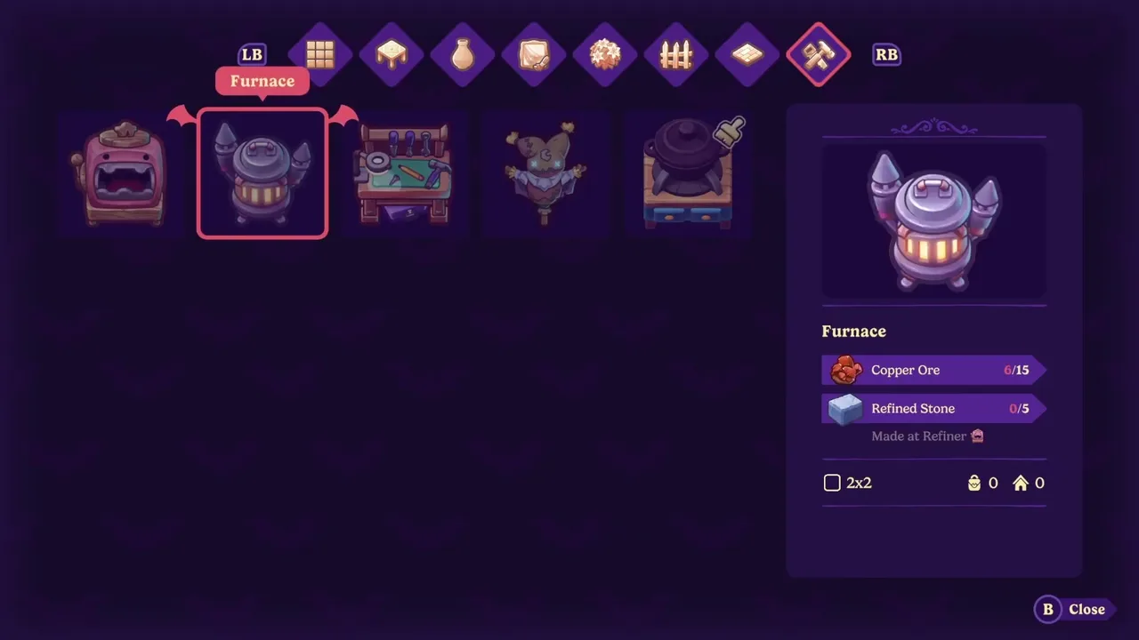 The demo's build menu, machines tab: Refiner, Furnace, Workbench, Scarecrow and Cooking Station, with the Furnace recipe showing 15 Copper Ore and 5 Refined Stone.