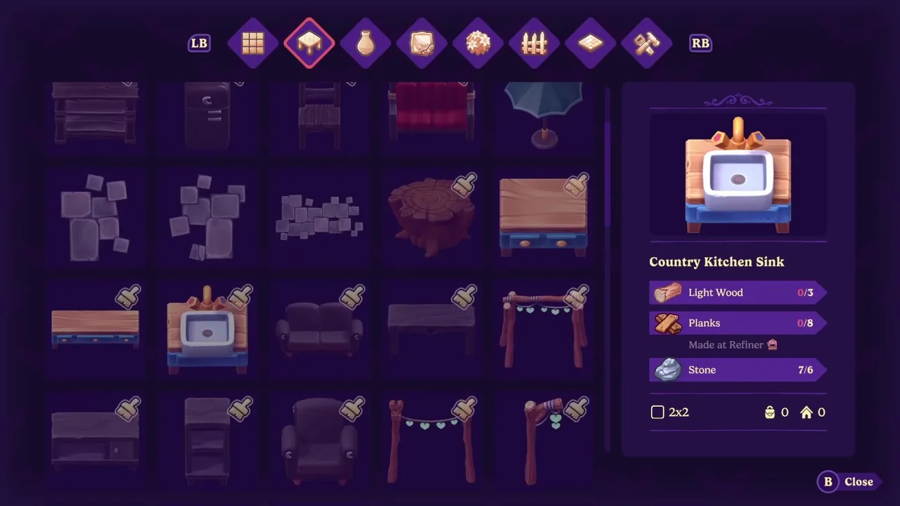 A furniture recipe in the demo — the Country Kitchen Sink needs Light Wood, Planks tagged "Made at Refiner", and Stone.