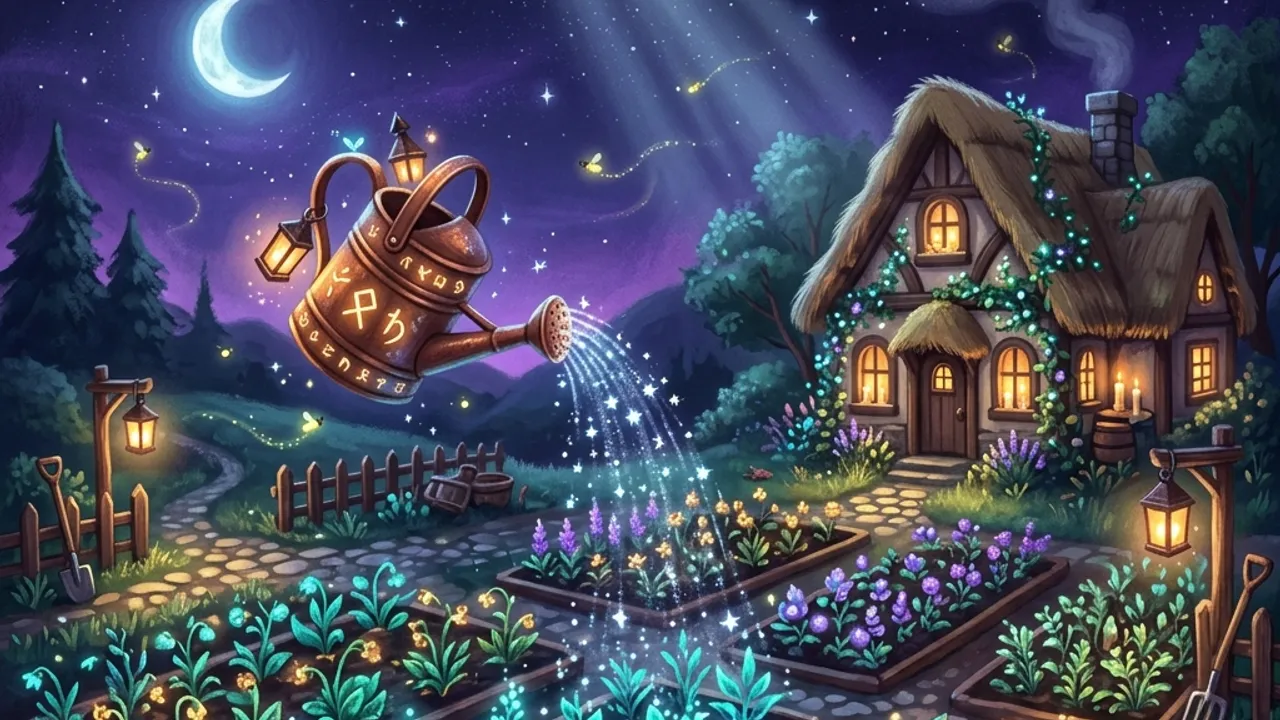 Rows of glowing enchanted crops on a night farm with a watering can pouring itself under moonbeams.