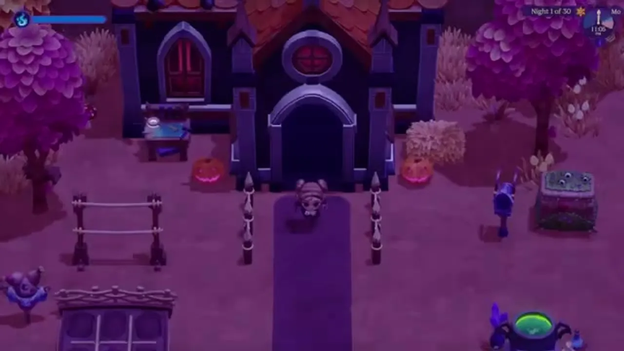 Night 1 in Moonlight Peaks — the player standing outside their cottage at the very start of the game.