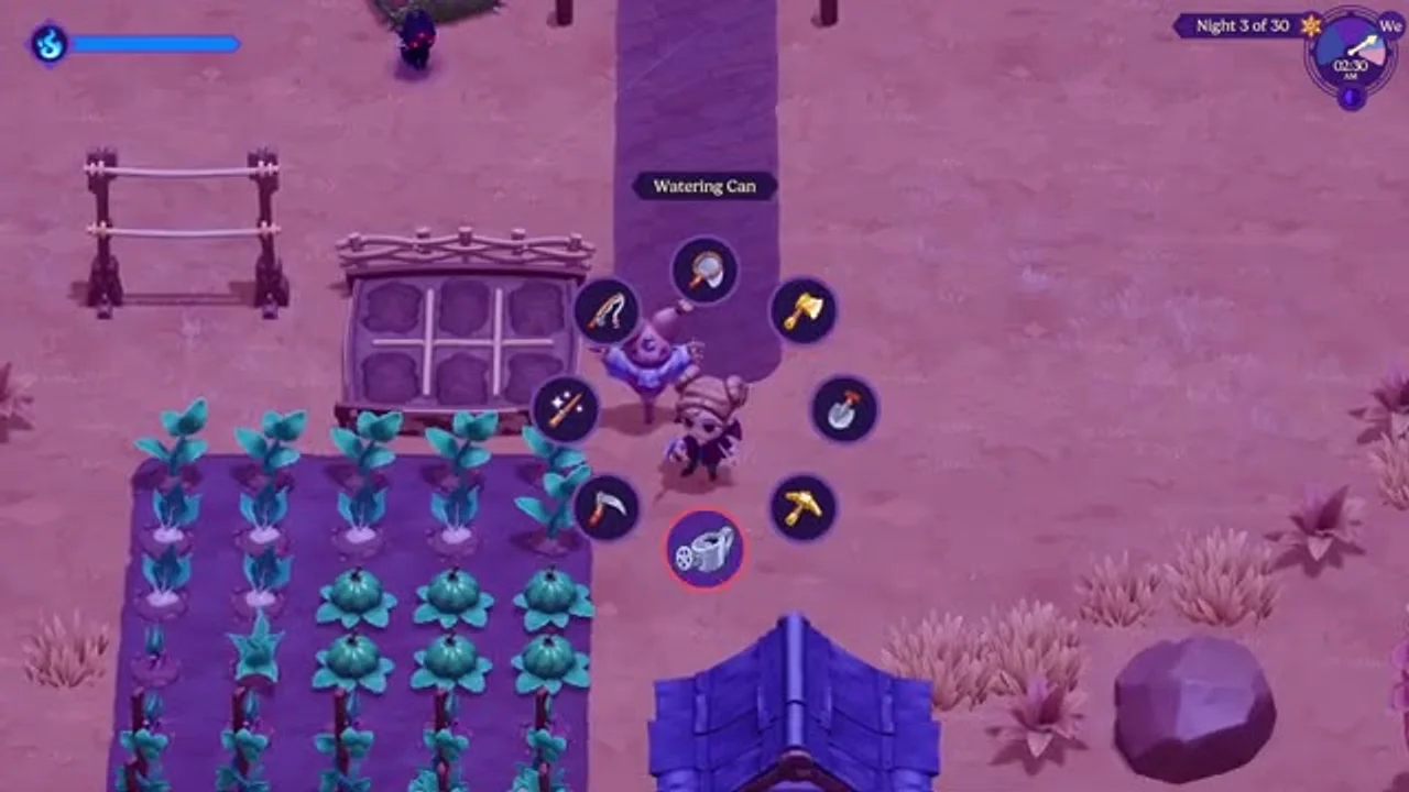 The radial tool wheel open over a field of crops in Moonlight Peaks, showing the shovel, watering can, axe and pickaxe.
