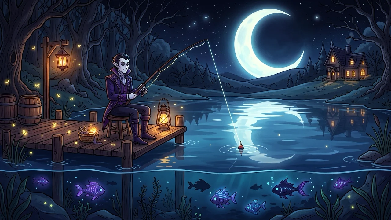A vampire angler casting a line into a moonlit lake in Moonlight Peaks, glowing fish beneath the water's surface in cozy-gothic style.