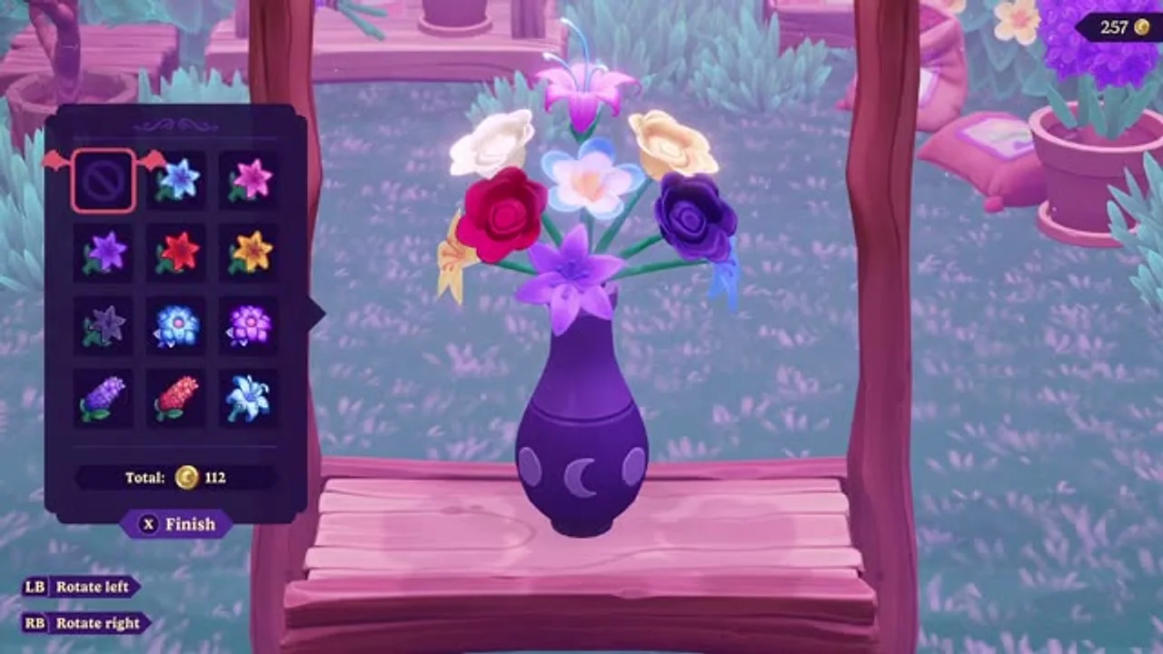 Building a bouquet from a palette of flowers, with a running coin total and rotate controls.