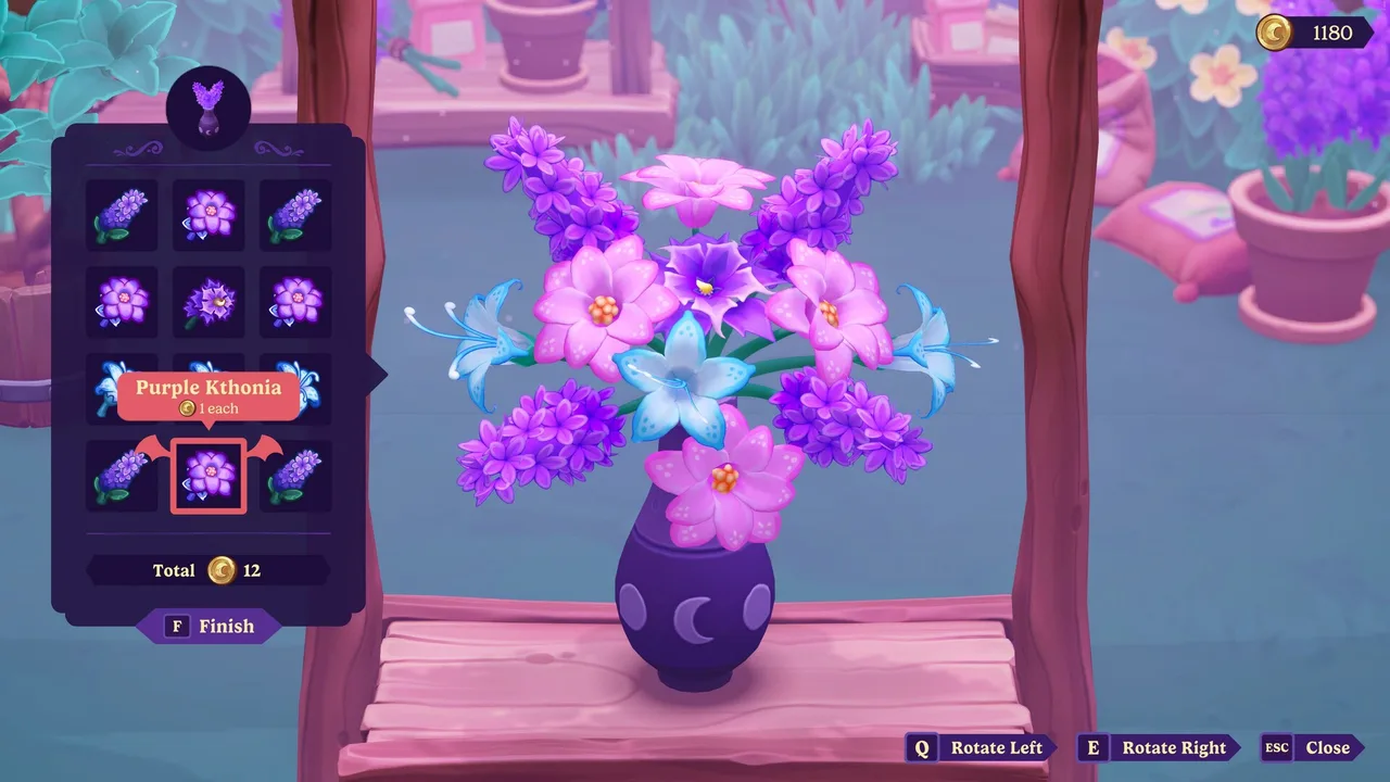 The flower arranging screen in Moonlight Peaks, building a bouquet of purple and pink flowers in a vase.
