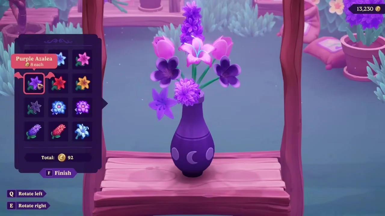 The flower-arranging menu in Moonlight Peaks, showing a palette of coloured flowers — purple azaleas, tulips and plumeria — beside a bouquet in a crescent-moon vase.
