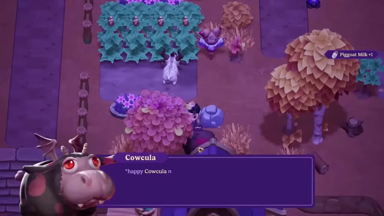 A Cowcula — the fanged, winged cow of the Moonlight Peaks barnyard — out on the night farm, with a Piggoat Milk pickup appearing top-right.