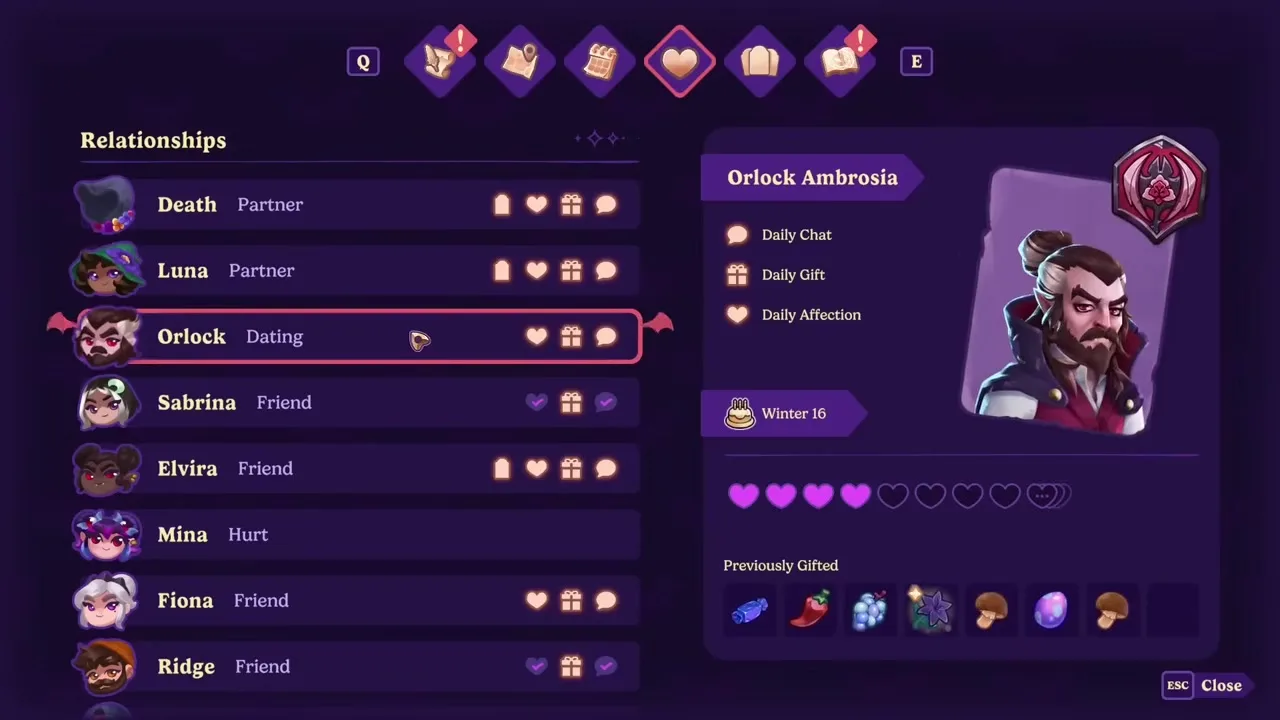 The relationship menu in Moonlight Peaks, showing each resident's status — Partner, Dating or Friend — their heart level, and a "Previously Gifted" history of what you've recently given them.