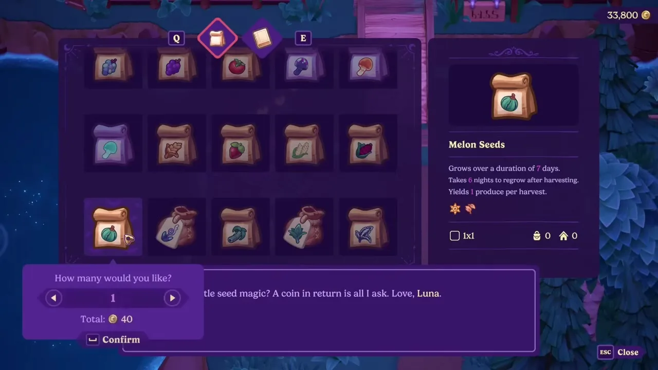 Buying Melon seeds from Luna's shack in Moonlight Peaks — each seed's grow time, regrow time and yield are listed on the right of the shop panel.