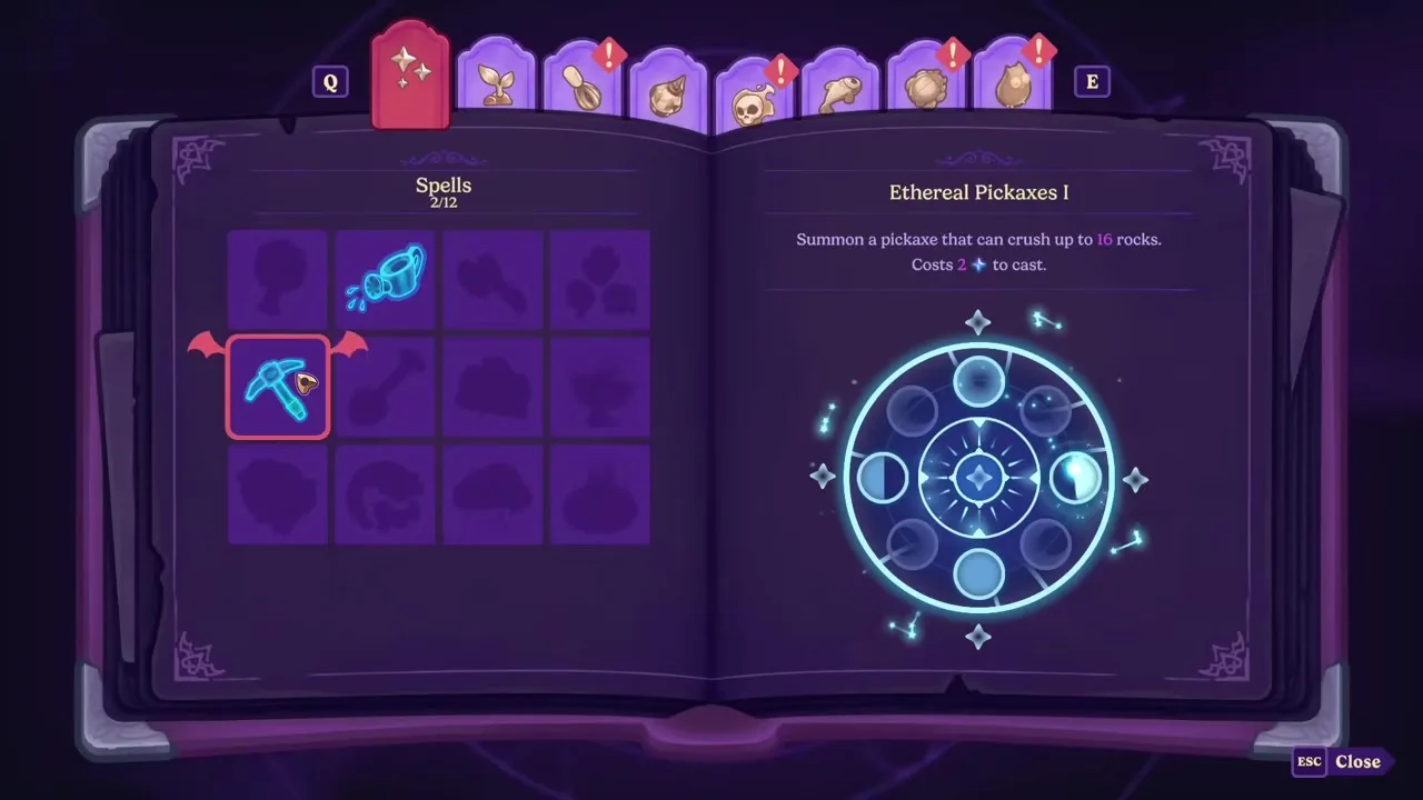 The in-game spell grimoire in Moonlight Peaks, open to "Ethereal Pickaxes I" — showing the spell's rune circle, its mana cost and its effect description.
