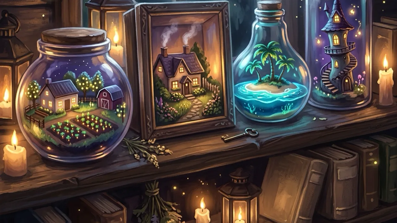 A cozy moonlit shelf of glowing little game worlds — farms, cottages and lanterns — inviting and warm.