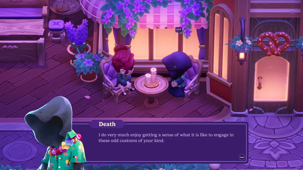 Two characters sharing a date at Coffee and Coffins in Moonlight Peaks, the cozy-gothic café.