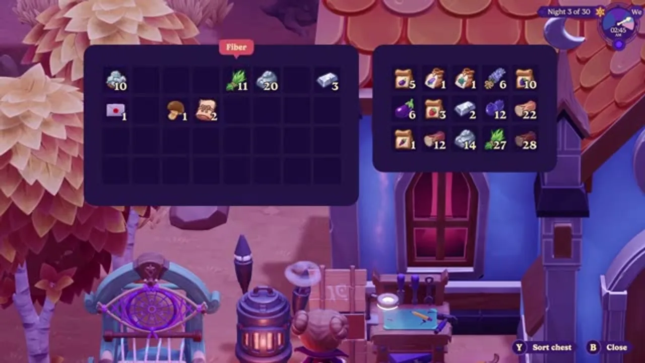 The backpack and storage interface lets the player move collected resources out of the limited carried inventory.