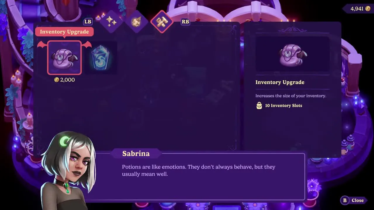 Sabrina's shop displaying the 2,000-coin Inventory Upgrade that adds ten backpack slots.