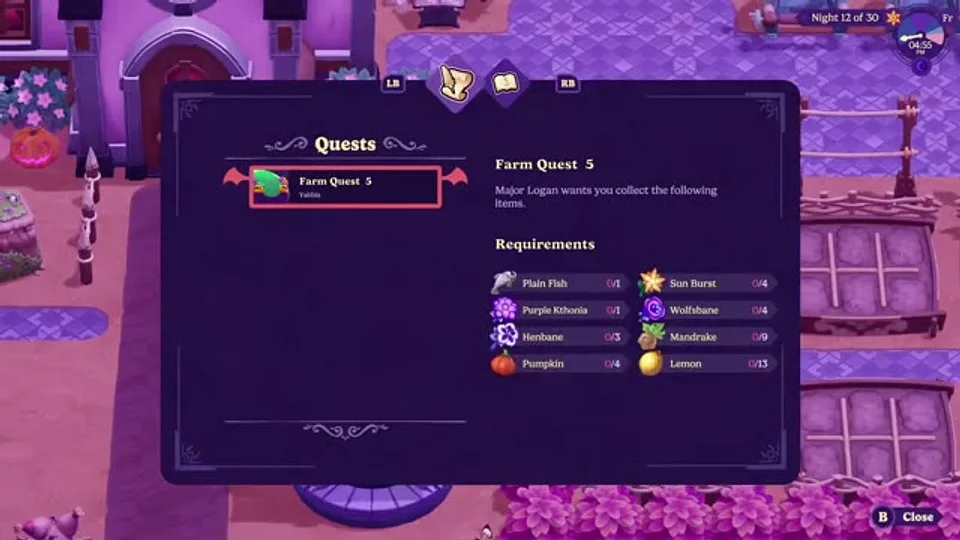 Moonlight Peaks quest journal displaying crop requirements and progress