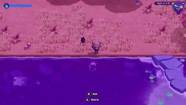 A Moonlight Peaks player fishing from the bank of a glowing purple lake at night.