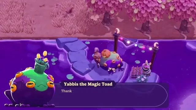 Yabbis the Magic Toad speaks from his waterside stall; he is the first lead in The Mermaid's Wish.