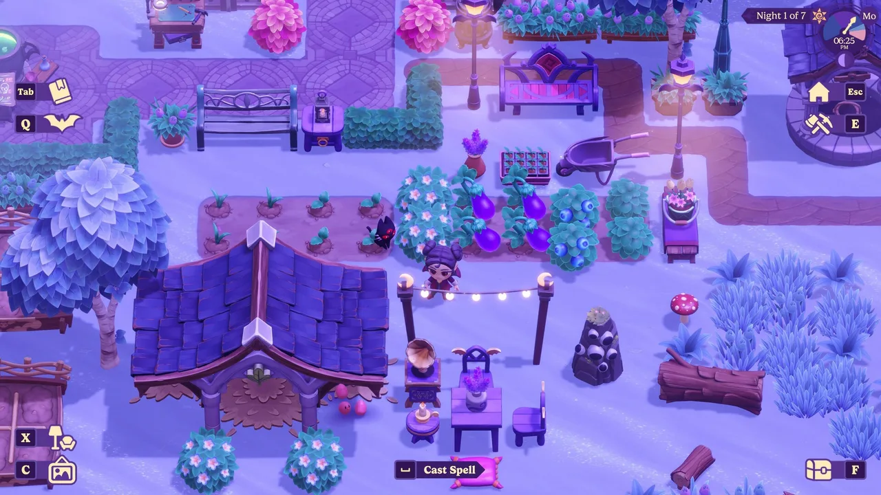 A vampire casting a spell on a moonlit farm, with a 'Cast Spell' prompt in Moonlight Peaks.