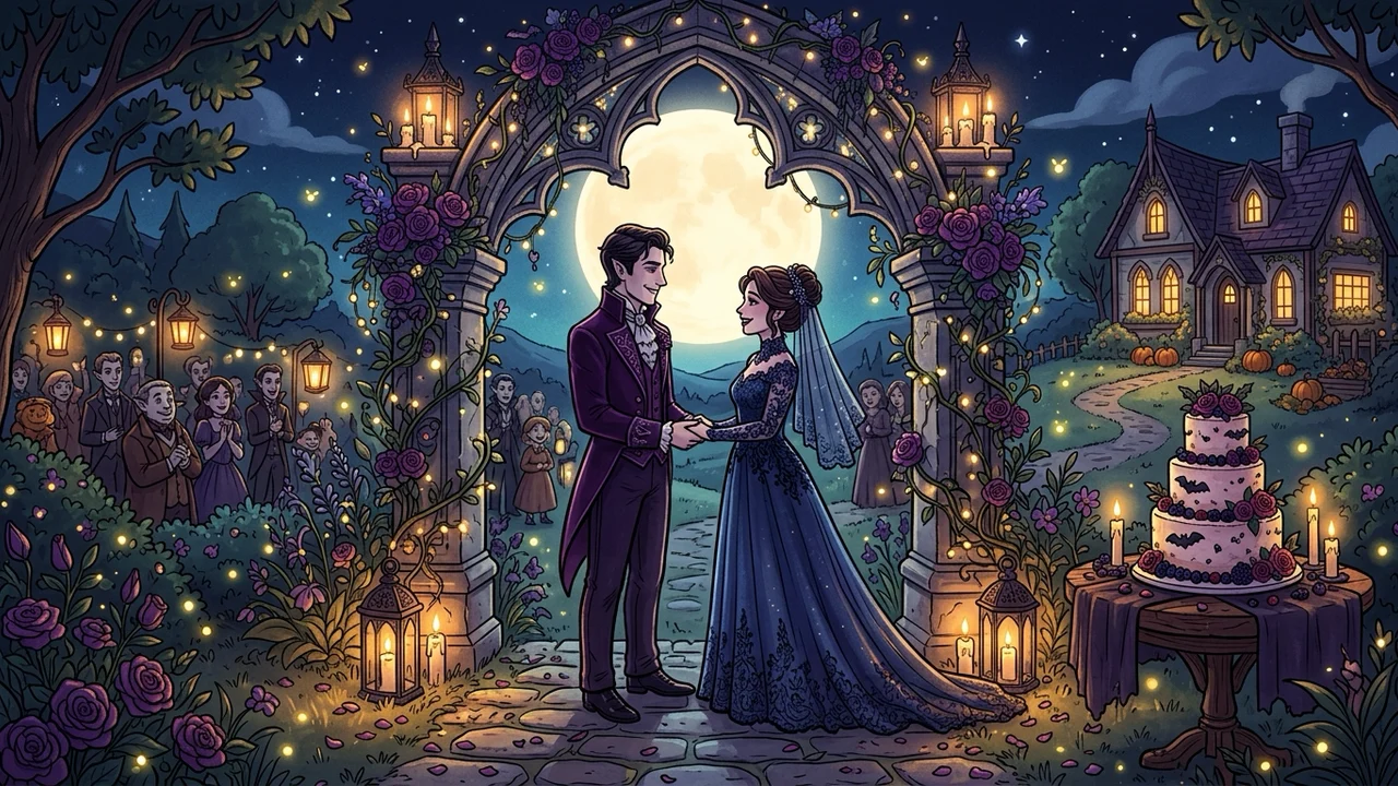 A moonlit vampire wedding in Moonlight Peaks — two figures exchanging vows under a gothic arch strung with flowers, a tiered wedding cake nearby, cozy-gothic style.