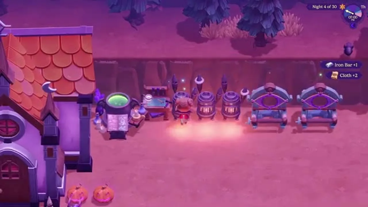 A row of processing machines in Moonlight Peaks turning raw materials into Iron Bar and Cloth.