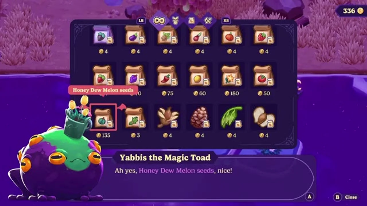 The seed shop run by Yabbis the Magic Toad, showing seed packets with their coin prices and the player's coin balance.