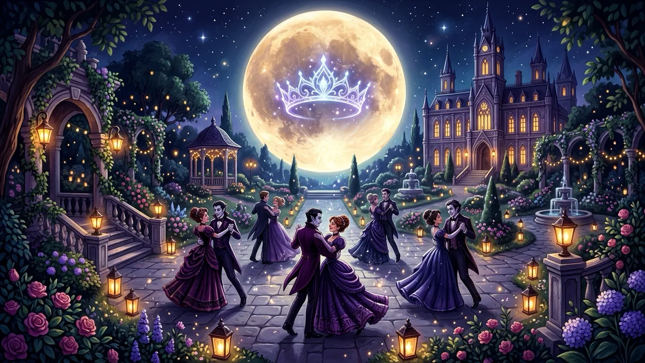 A formal summer gala at night in the Town Hall gardens of Moonlight Peaks — couples dancing in fine attire beneath a glowing full moon.