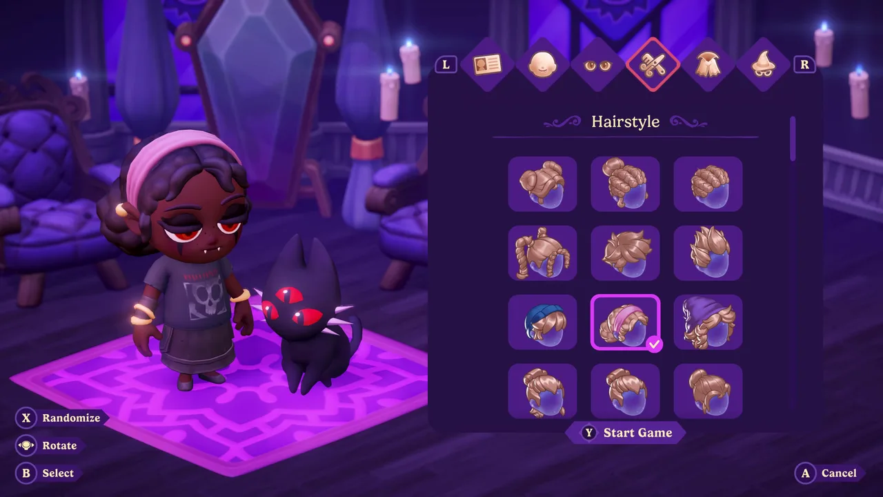 The Moonlight Peaks character creator showing a chibi vampire and a three-eyed black Hell Kitten on a purple rug, with a hairstyle menu open.