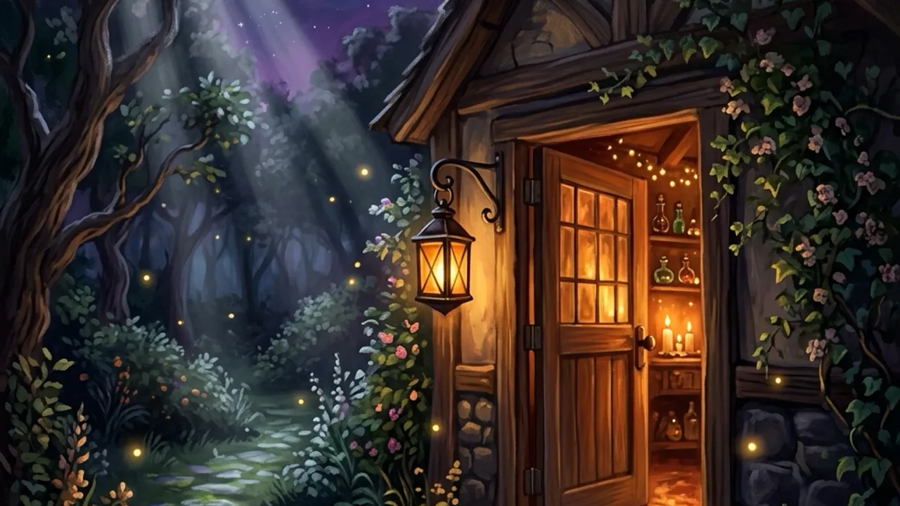 An inviting open cottage door spilling warm amber light onto a moonlit garden path, the feeling of stepping in to try something new.