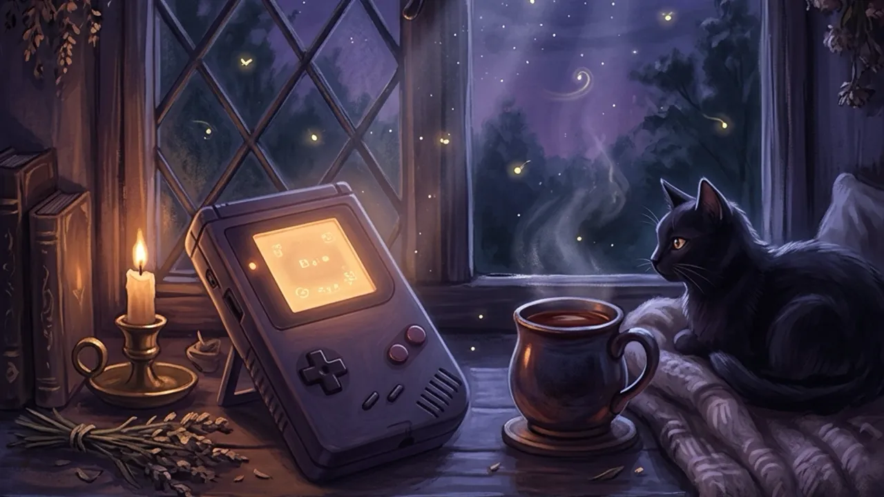 A handheld game-console silhouette glowing softly on a moonlit windowsill with a crescent moon outside.