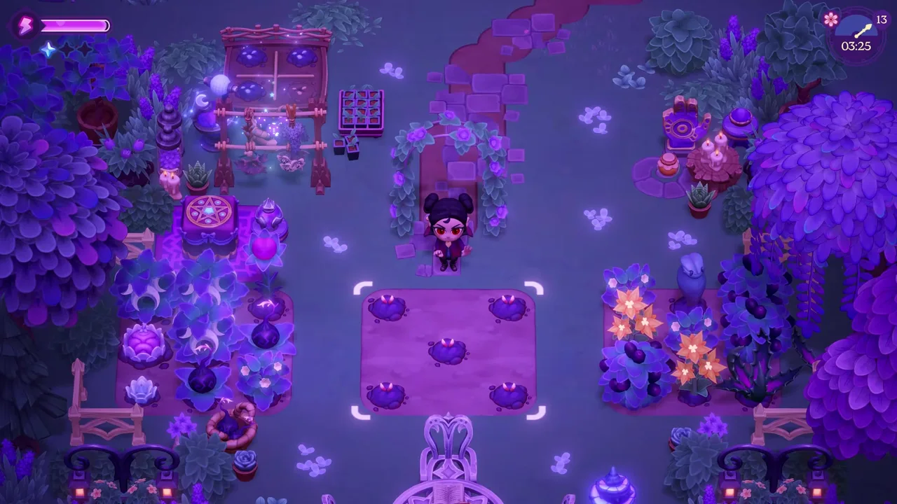 A vampire tending a moonlit magical garden in Moonlight Peaks, with glowing night flowers and gothic decor — a scene from the latest demo trailer.