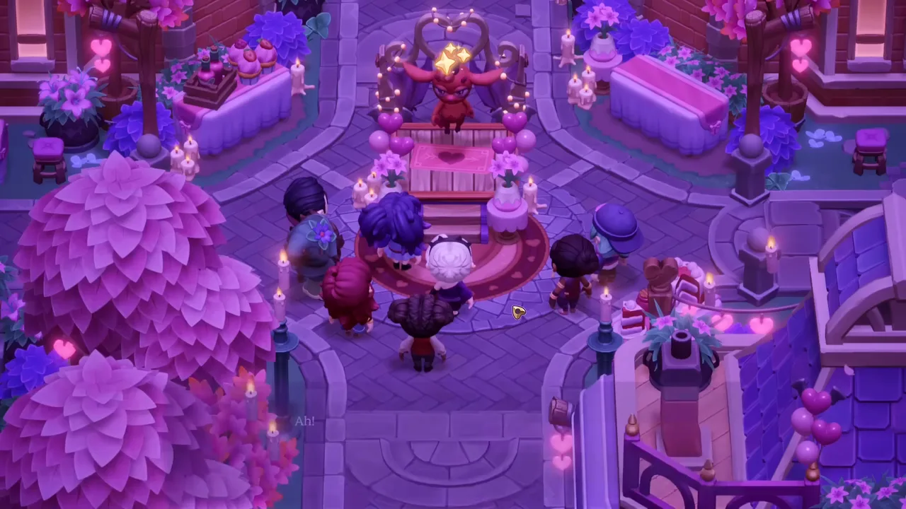 The town square of Moonlight Peaks at night, lit purple, with residents gathered around a fountain and a flower-decked archway.