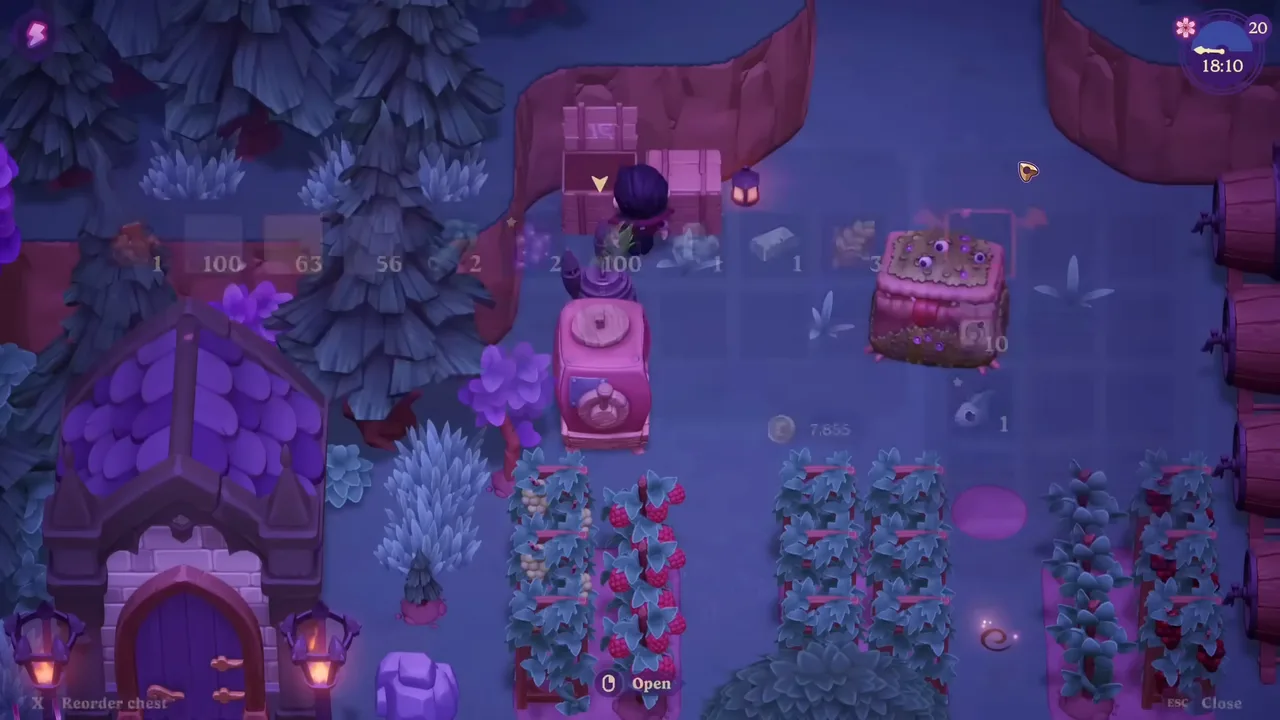 A split-style look at Moonlight Peaks — a purple, moonlit vampire farm with tilled rows and kegs — the cozy farm sim compared to Stardew Valley.