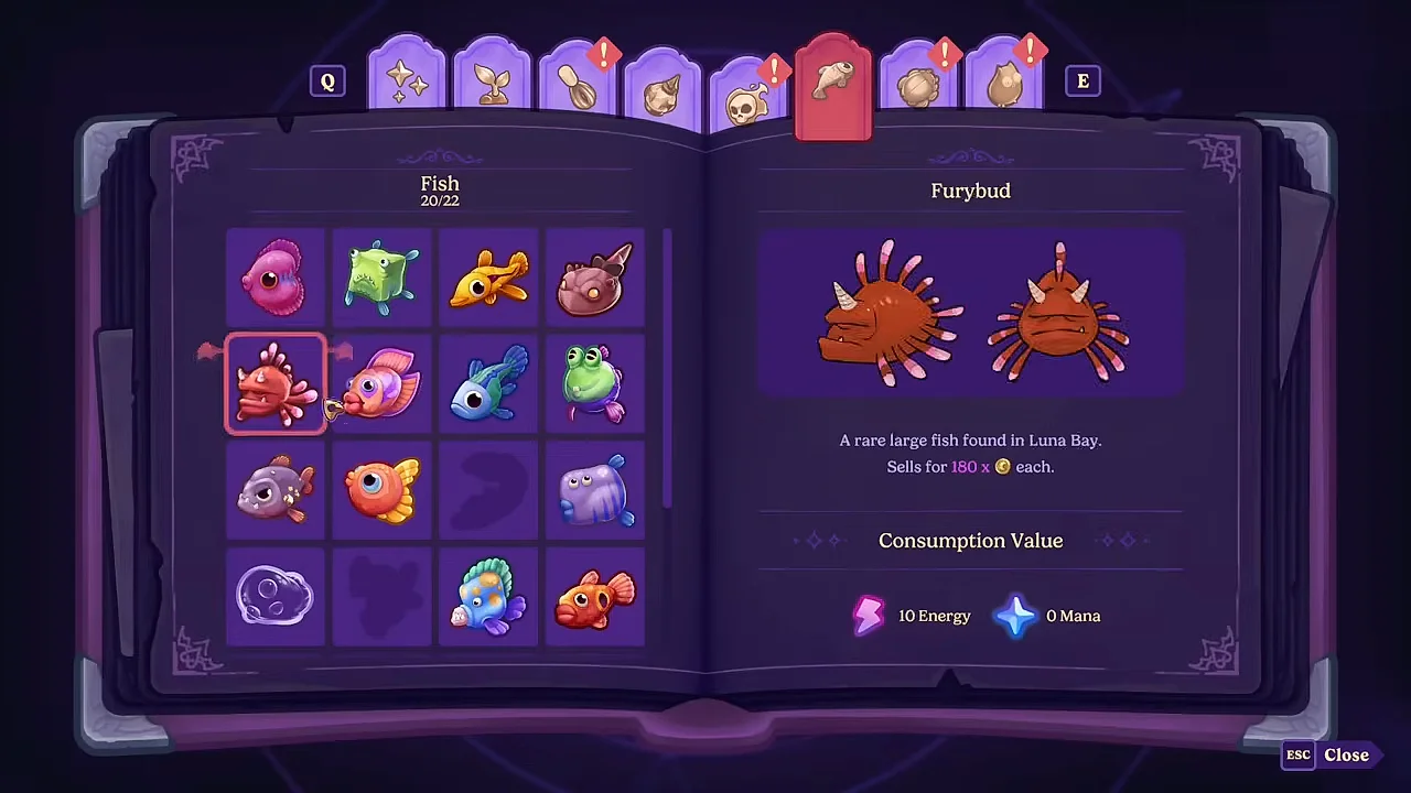 The in-game Almanac tracks each collection — here the Fish page at 20/22, with catch locations and sell values — and feeds the museum's completion percentage.