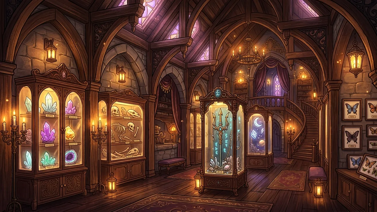 The cozy-gothic interior of the Moonlight Peaks museum — lit glass display cases holding crystals, fossils and strange relics under warm golden light.