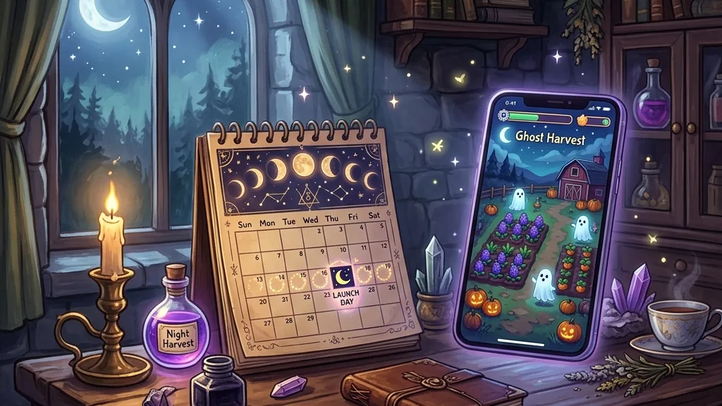 A cozy, glowing magical calendar with phase of the moon symbols and a countdown layout next to a gothic-themed smartphone showing a farming scene.