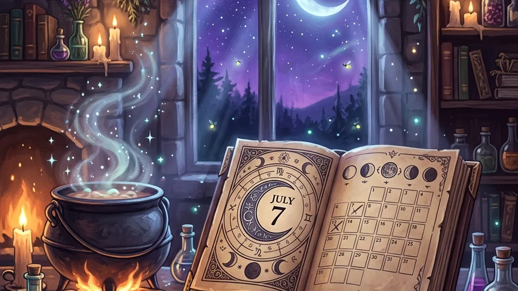 A cozy gothic calendar with a crescent moon showing a countdown to July 7, surrounded by glowing magic potion bottles.