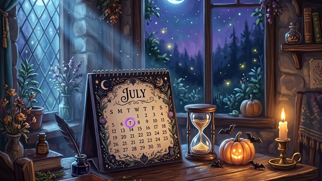 A cozy gothic calendar circling the July release date under soft moonlight.
