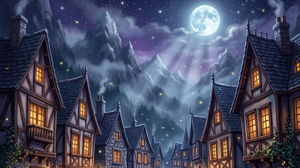 A cobblestone street in a cozy gothic town at night, with charming crooked houses glowing with warm amber light from their windows under a large full moon.